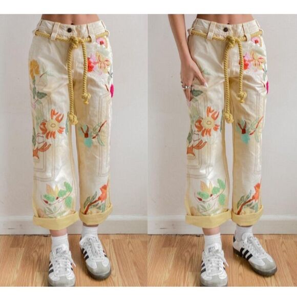 We The Free Free People Women's Size 10 Yellow Embroidered Floral Jeans